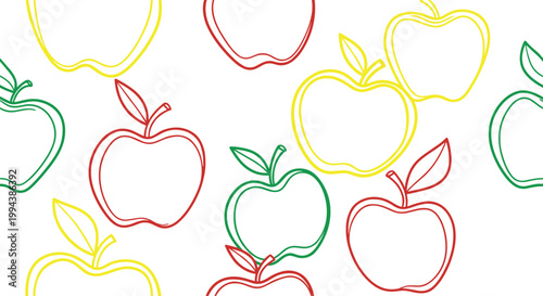 Colorful apple outlines in red, green, and yellow form a vibrant seamless pattern for healthy eating and kitchen themes.