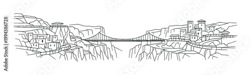 Cliffside villages connected by suspension bridge over canyon