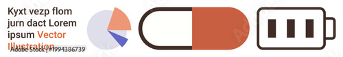 Business analytics, healthcare solutions, energy management, progress tracking, data visualization, power usage. A pie chart, capsule and battery icon. Business analytics and healthcare solutions