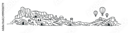 Cliff cave dwellings with hot air balloons to the right