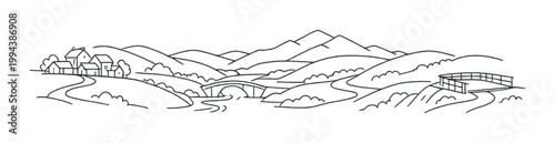 Countryside rolling hills with village and bridge over stream