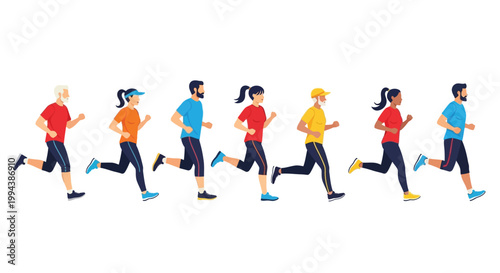 Diverse group of people running together in a colorful illustration