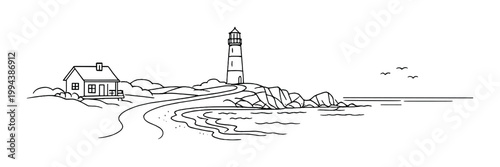 Light house and cottage beside curving coastline and rocks
