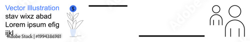 Economic growth, personal finance, collaboration, minimalism, human connections, teamwork. ion of a plant, dollar sign and two people in linear style. Economic growth and personal finance concept