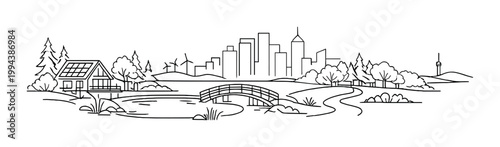 Small countryside cottage and city skyline across park bridge