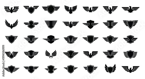 Collection of black and white heraldic shields and winged emblems