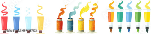 A minimalist 2D illustration features four vibrant, flat vector paint tubes with thick curls of red, blue, and yellow pigment, set against a clean white background without shadows or additional