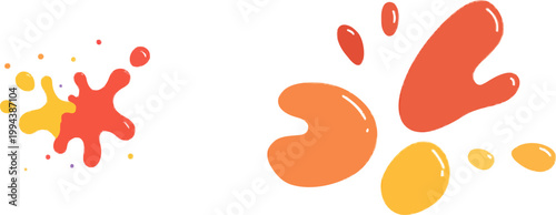 A playful minimalist 2D artwork features vibrant primary red and yellow splatters against a white background, creating a lively and dynamic composition