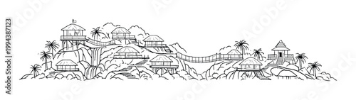 Hilltop bungalows connected by bridges in jungle resort