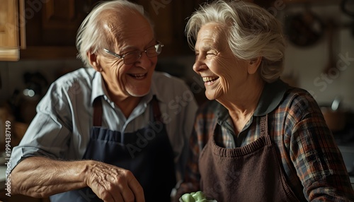 Happy Elderly Couple Laughing Together While Cooking in a Rustic Home Kitchen
