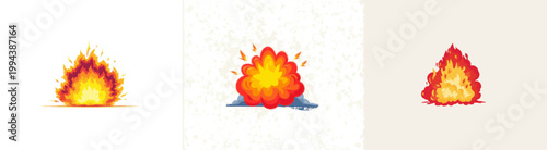 A vibrant, fiery explosion in a minimalist flat vector style, showcasing bright red and yellow hues with sharp, clean outward spikes against a stark white background