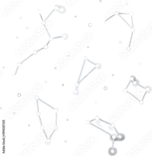 Geometric shapes, transparent icons, minimalist design elements, white background
