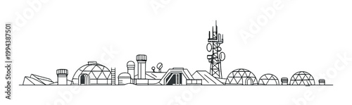Domed habitat and communication tower in open settlement