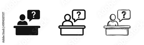 Information Desk Icon Set with Receptionist and Question Mark, Customer Support Concepts, Vector Illustration