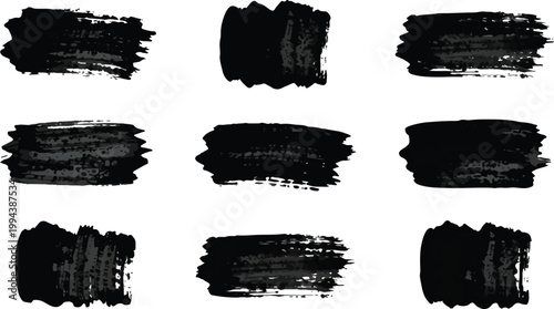 Set of nine distinct black ink brush strokes isolated on white background for artistic texture and grunge graphic design elements.
