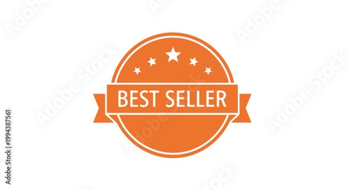 Orange best seller badge with stars and ribbon flourishes
