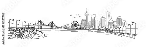 City skyline across waterfront with bridge and promenade