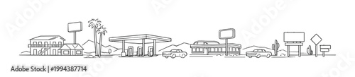 Roadside gas station and diners along desert highway