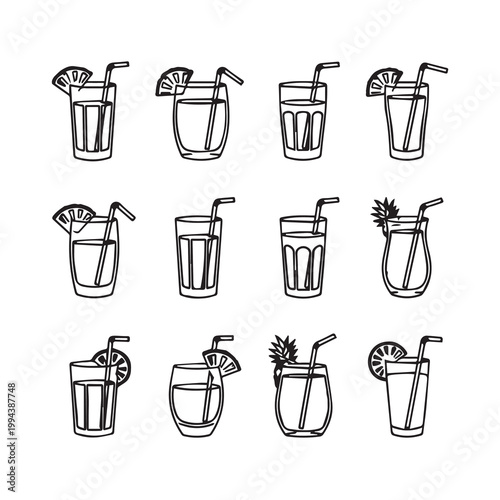 Hand drawn tropical cocktails with garnishes and straws in a grid pattern