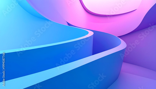 A vibrant abstract composition features flowing, curved forms in shades of blue and purple, creating a dynamic and visually striking design.