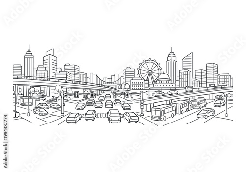 Busy urban intersection with overpass and city skyline