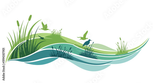 Celebrating world wetlands day and ocean conservation, a stylized vector graphic depicts birds flying over green grasses and blue wavy water lines against a white background