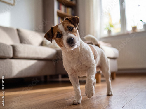 Fotografie Playful Jack Russell Terrier dog with a tilted head standing on a wooden floor looking curiously at the camera