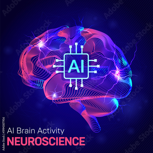AI Brain Activity Neuroscience Futuristic Technology Concept. Glowing abstract brain with AI chip core and electric signals, illustrating artificial intelligence