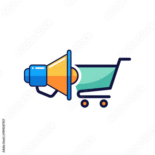 Shopping cart with megaphone illustration.