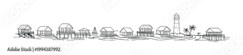 Overwater huts and lighthouse along coastal shoreline village