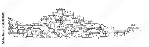Terraced houses stacked on hillside with stairs and walkways