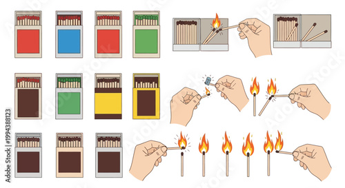 Illustration of matchboxes and hands lighting matches in various stages