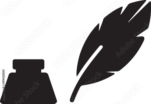 Feather quill and inkwell graphic for writing and history