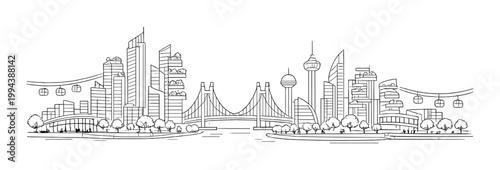 Bridge linking twin riverfront city districts with cable cars