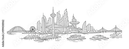 City skyline with boats on waterfront and multiple bridges