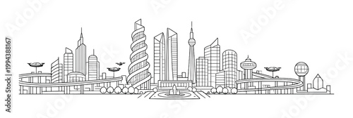 Futuristic skyline with spiral tower and plaza fountain with monorail