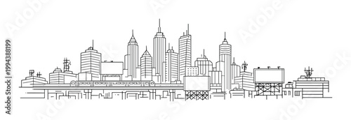 Downtown skyline with elevated train and billboards