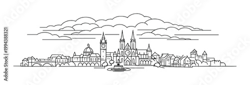 Historic town skyline line drawing along water and fountain