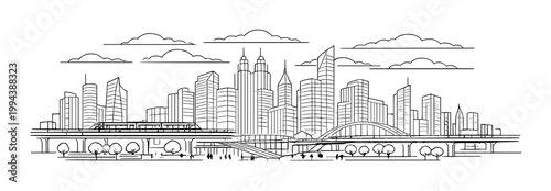 Modern city skyline with elevated train and river front bridge