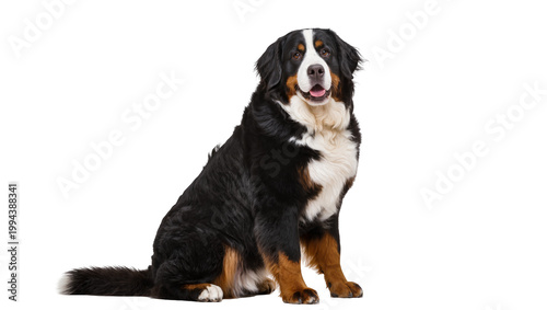 Fotografia Large Bernese Mountain Dog Sitting with Brown and White Fur