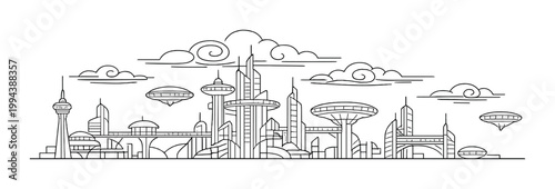 Futuristic city skyline with floating platforms and towers