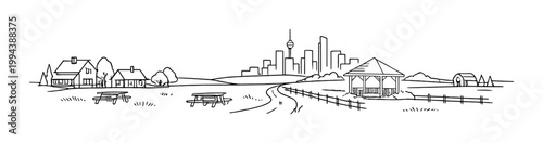 Countryside field with illuminated gazebo and distant city skyline