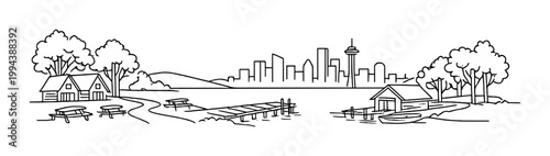 Lakefront houses, docks and picnic area with city skyline