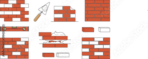 Bricklaying tools and elements bricks mortar trowel and level