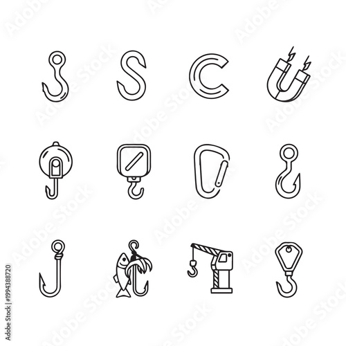 Collection of diverse hooks and lifting hardware icons on white background