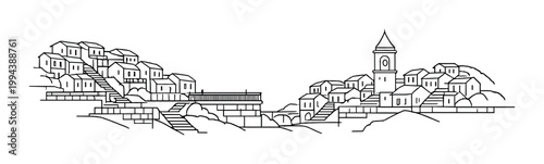Hillside village sketch with clustered houses and central bell tower