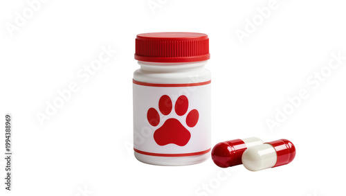 Tableau sur toile White Pet Medicine Bottle with Red Lid and Two Red-White Capsules