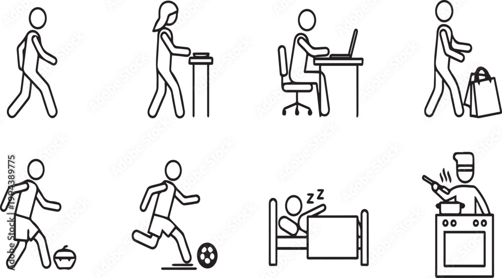 Fototapeta premium Diverse Stick Figure Activities Collection: Walking, Working, Playing, Sleeping, Cooking