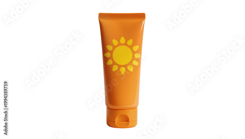 Bild auf Leinwand Orange Sunscreen Tube with Yellow Sun Graphic and Plastic Cap