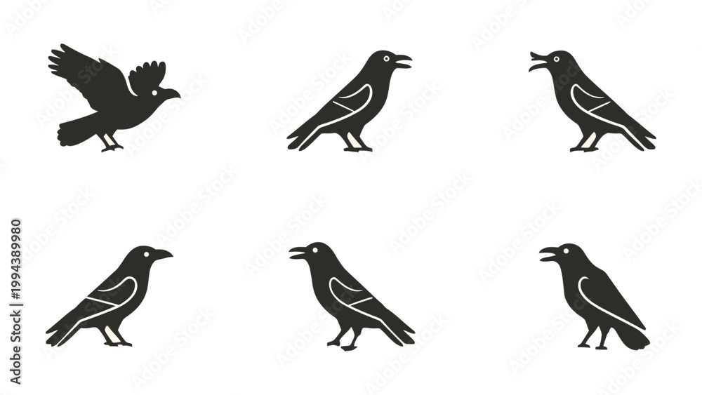 Fototapeta premium Raven Silhouette Sequence: A stylized sequence of raven silhouettes showcases the raven's dynamic postures, from flight to perching, capturing its iconic shape and behavior. 